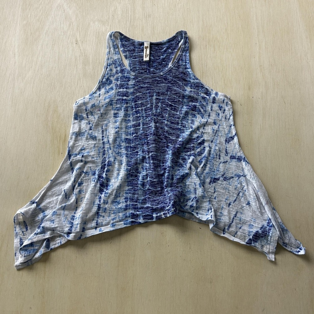 Shoreline Tank Top Womens Medium Blue Tie Dye Flowy Racerback High Low Hem